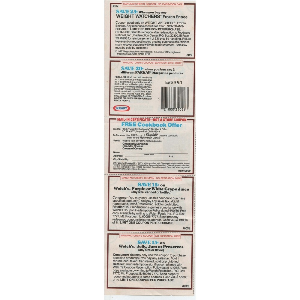 Vintage 1986-87 Grocery Coupons Welch's Parkay Campbell's No Expiration Date - Picture 2 of 2